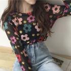 Long-sleeve Floral Print Mesh T-shirt Floral - Black - One Size