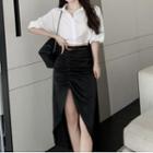 3/4-sleeve Crop Shirt / Asymmetrical Pencil Skirt