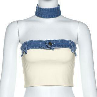 Strapless Denim Panel Crop Top