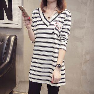 Long-sleeve V-neck Stripe T-shirt