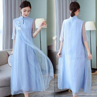 Elbow-sleeve Organza Panel Midi Qipao Dress