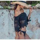 Set: Bandeau Bikini + Crochet Lace Cover-up Top