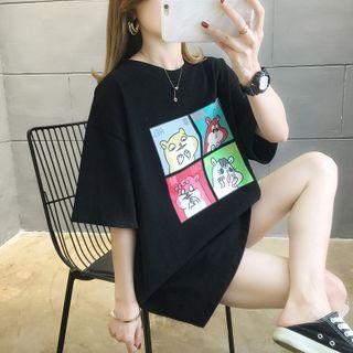 Hamster Print Elbow-sleeve T-shirt