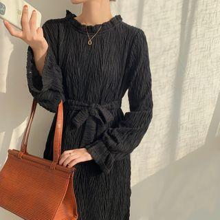 Long-sleeve Textured Mock-neck Midi A-line Dress