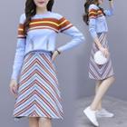 Set: Long-sleeve Color Block Knit Top + A-line Patterned Skirt