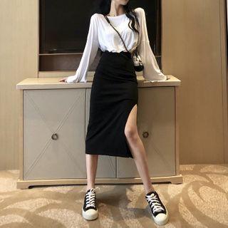 Plain Long Sleeve T-shirt / Elastic Waist Side-slit Skirt