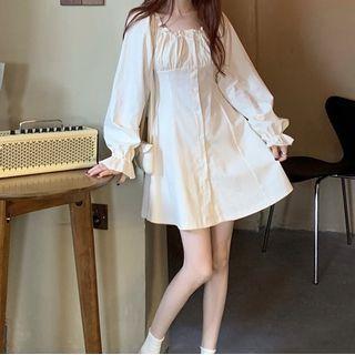Plain Long-sleeve Mini A-line Dress Almond - One Size