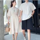 Couple Matching Flower Embroidered Elbow-sleeve Hanfu Dress / Plain Short-sleeve Hanfu Top / Shorts