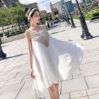 Set: Embellished Sleeveless A-line Dress + Strappy Dress