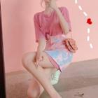 Elbow-sleeve Plain Crew-neck T-shirt/sleeveless Camo High-waist A-line Skirt/short-sleeve Color-block Crew-neck High-waist Mini Dress