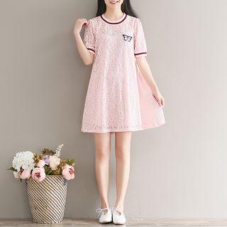 Set: Short-sleeve A-line Lace Dress + Strappy Dress