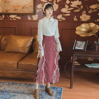 Set: Lace Panel Long-sleeve Blouse + Ruffle Midi A-line Skirt