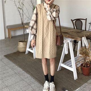 Plaid Shirt / Mini Knit Pinafore Dress