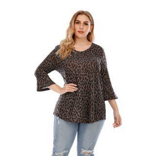 Plus Size 3/4 Sleeve Round Neck Leopard Print T-shirt
