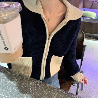 Two-tone Knit Jacket Navy Blue - One Size