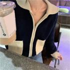 Two-tone Knit Jacket Navy Blue - One Size