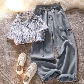 Short-sleeve Print Shirt / High-waist Distressed Wide-leg Jeans