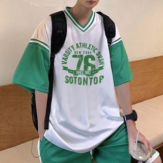 V-neck Lettering Short-sleeve Top / Panel Shorts - Set