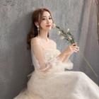 Lace Panel Cold Shoulder A-line Wedding Gown
