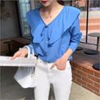 Tie-front Frilled-collar Blouse Blue - One Size