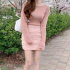 Plain V-neck Long-sleeve Blouse / Plain Crewneck Long-sleeve Knit Top / High-waist Ruffled-trim Skirt