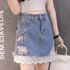 Floral Embroidery Lace-trim Ripped Denim Mini Skirt