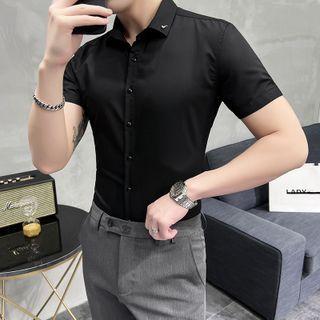 Short-sleeve Embellished Plain Shirt