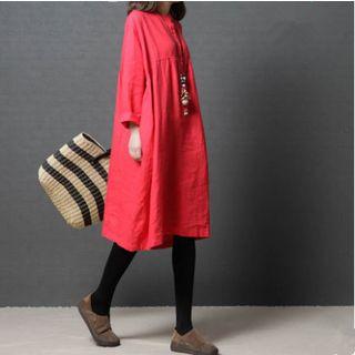 Linen Long-sleeve Midi A-line Dress