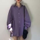 Lantern-sleeve Plain Shirt Purple - One Size