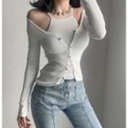 Set: Spaghetti Strap Top + Long-sleeve Buttoned Knit Top Set - White - One Size