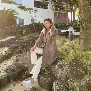 Hood Layered Longline Ribbed Cardigan