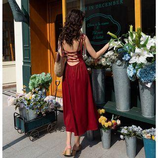 Tie-strap Lace-up Midi A-line Dress