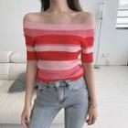 Off-shoulder Striped Short-sleeve Knit Top Pink - One Size