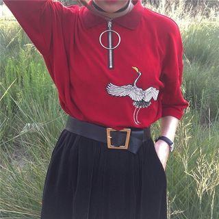 Embroidered Elbow-sleeve Polo Shirt