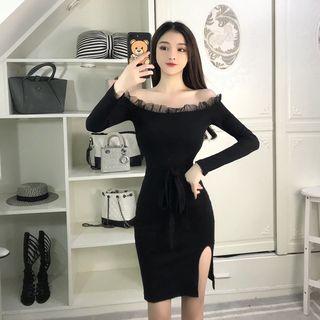 Off-shoulder Mesh Ruffle Sheath Dress