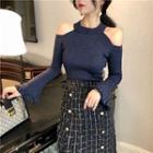 Plain Off-shoulder Bell-sleeve Knit Top / Tweed Plaid Skirt