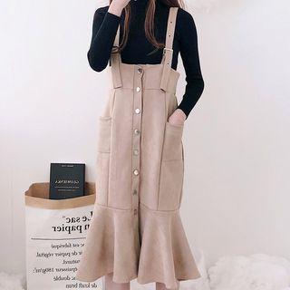 Turtleneck Long-sleeve Top / Midi Suspender Dress