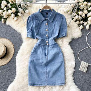 Lapel Short-sleeve Denim Dress