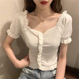 Short-sleeve Plain Wood Ear Trim Top