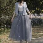 Set: Open Front Knit Jacket + V-neck Camisole Top + Mesh Maxi A-line Skirt