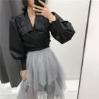 Set: Puff-sleeve Shirt + Mesh A-line Skirt