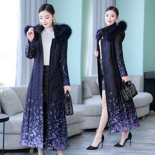 Floral Furry Hooded Maxi Padded Coat