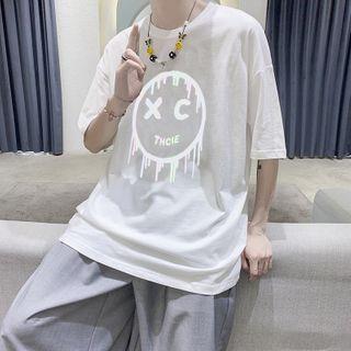 Short-sleeve Smiley Face Print Reflective T-shirt