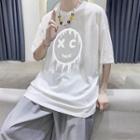 Short-sleeve Smiley Face Print Reflective T-shirt