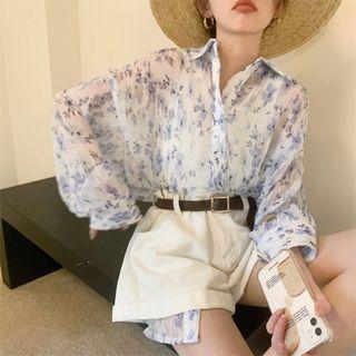 Long-sleeve Floral Print See-through Shirt As Figure - One Size