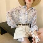 Long-sleeve Floral Print See-through Shirt As Figure - One Size