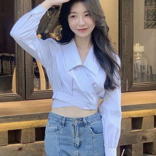 Long-sleeve Striped Lace-up Blouse