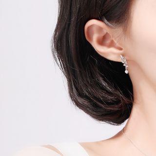 925 Sterling Silver Rhinestone Leaf Earring One Pair - Rhinestone Leaf Earring - One Size