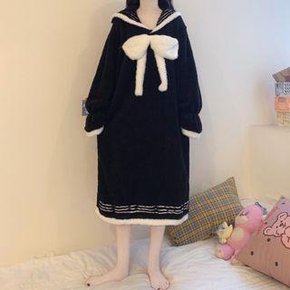 Long-sleeve Ribbon Fleece Midi Sleep Dress