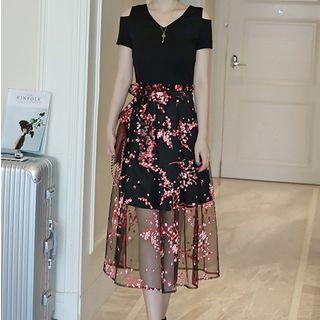 Floral Print Mesh Overlay Midi Dress